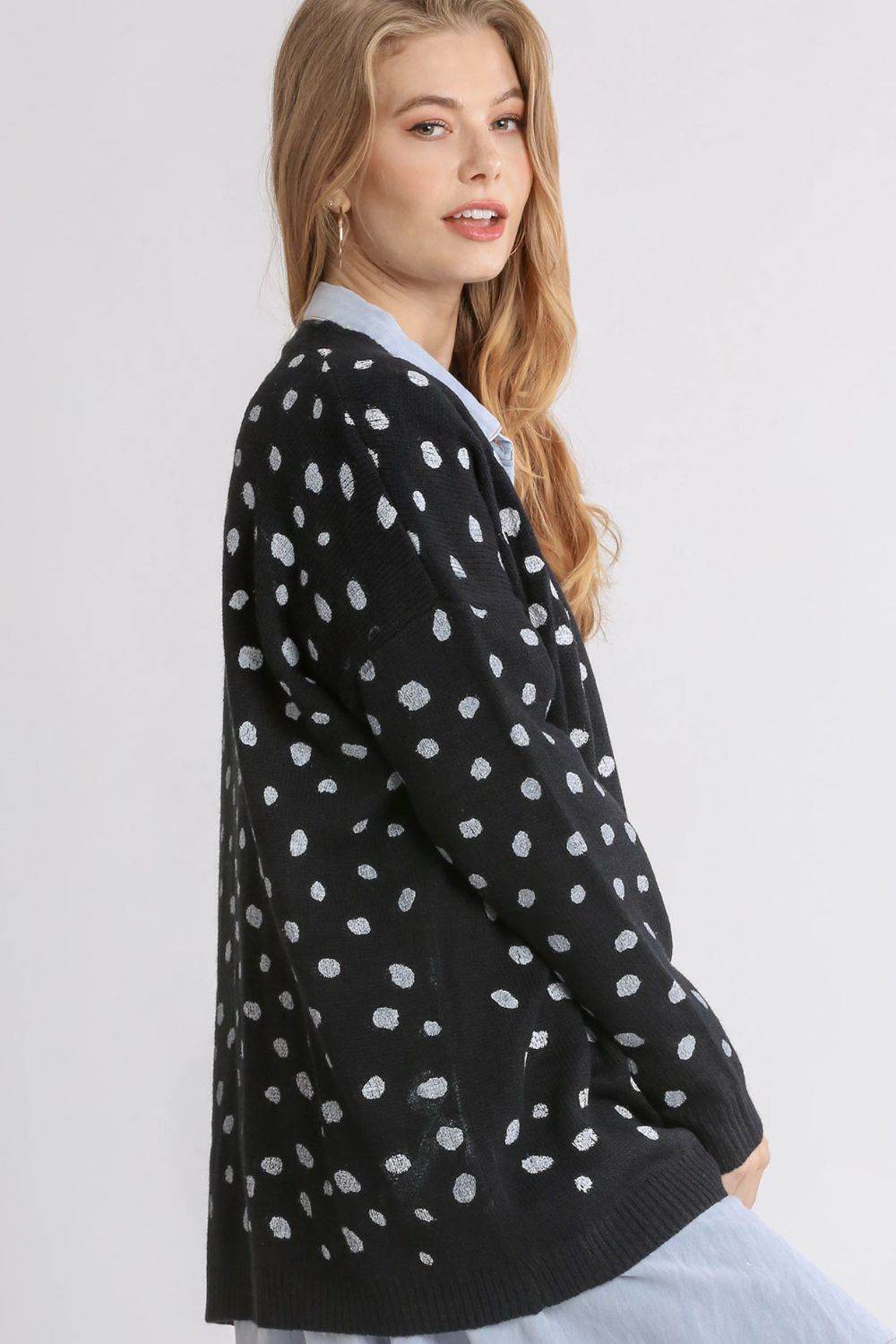 Umgee Polka Dot Open Front Drop Shoulder Cardigan for a perfect OOTD – dress to impress outfits from Amexza