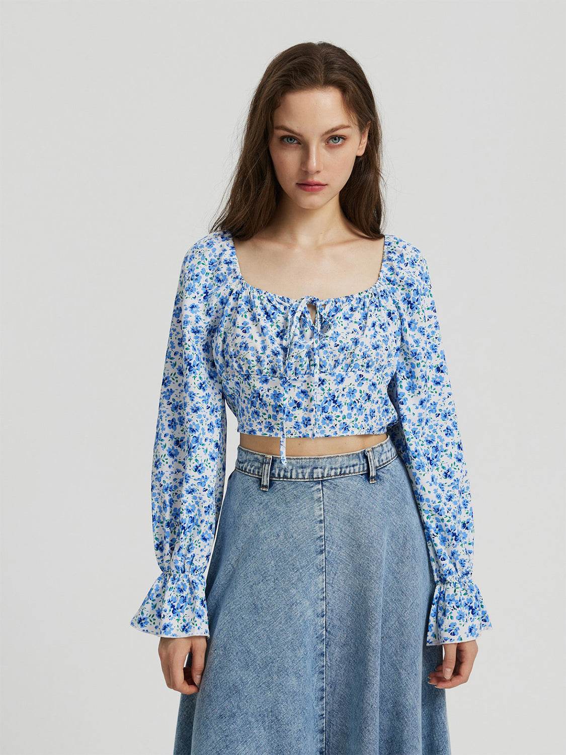 Honey Floral Tie Front Square Neck Flounce Sleeve Blouse Sky Blue for a perfect OOTD – dress to impress outfits from Amexza