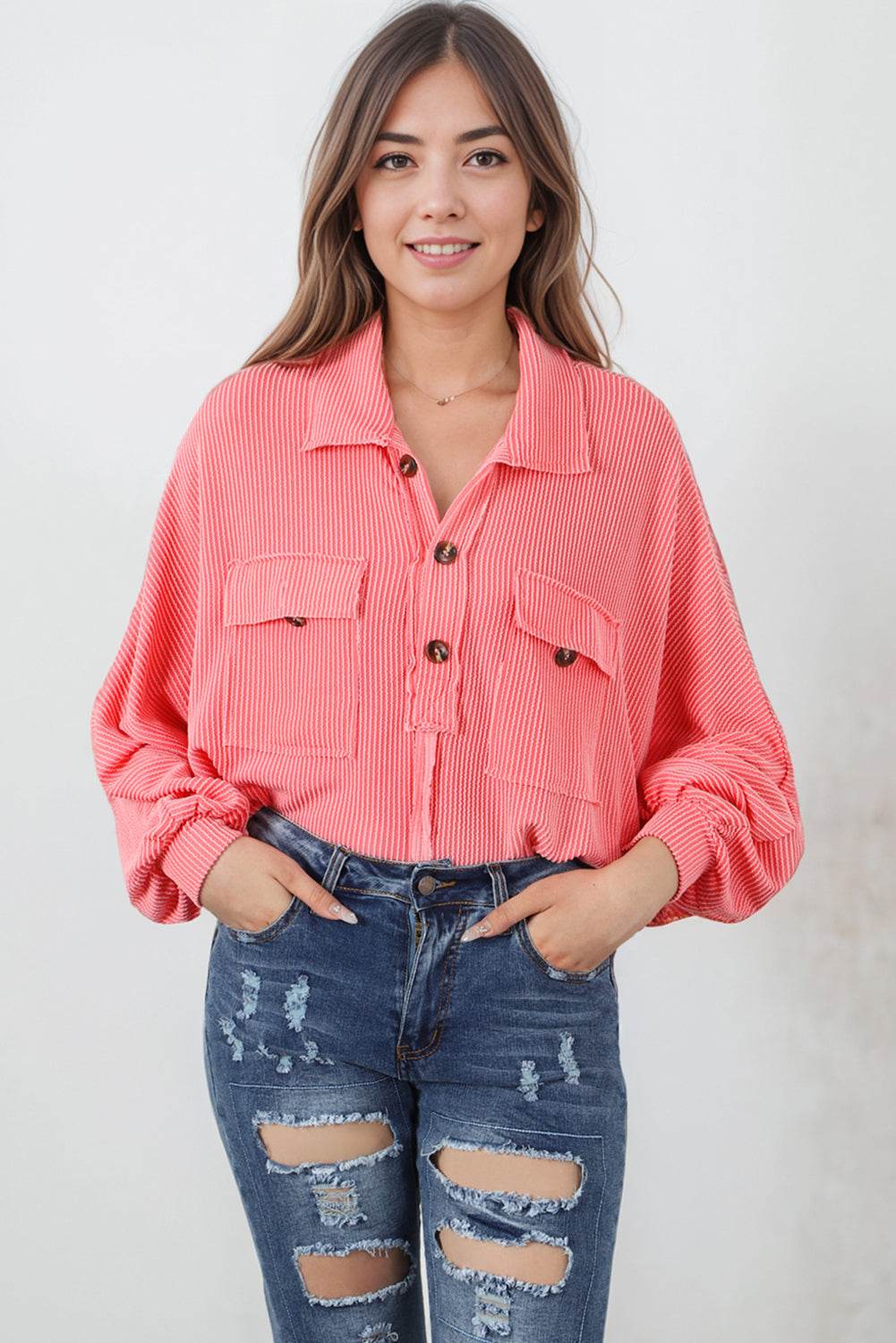 Buttoned Collared Neck Long Sleeve Top Coral for a perfect OOTD – dress to impress outfits from Amexza