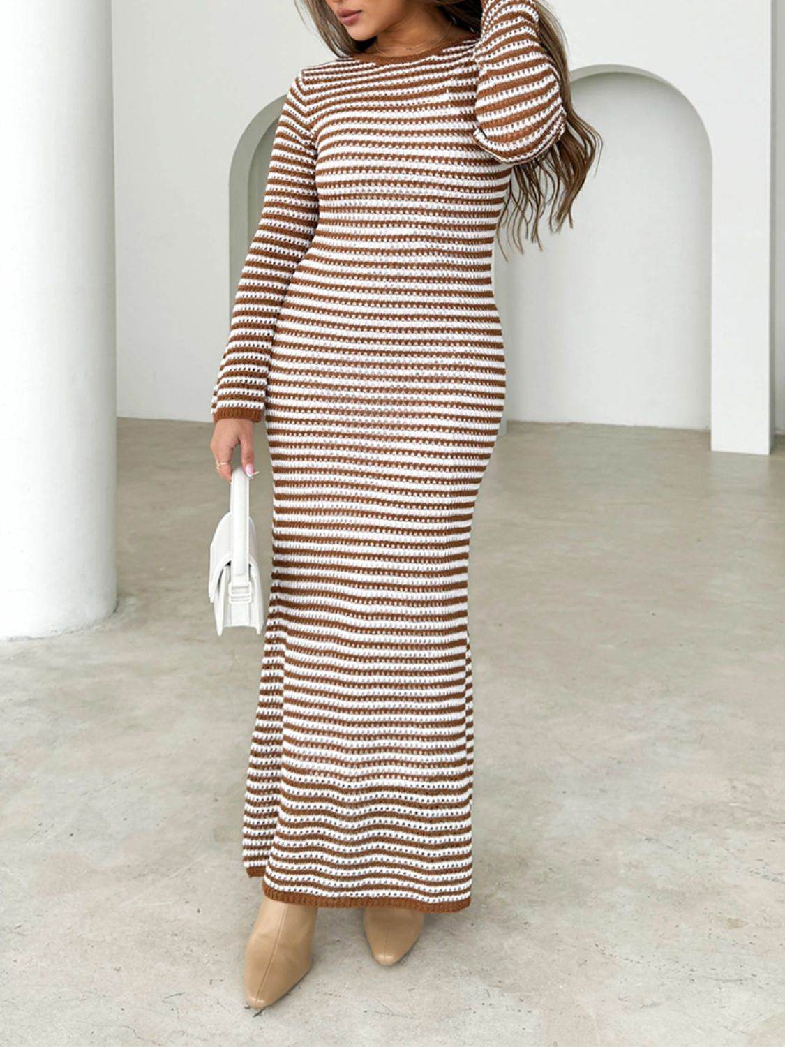 Devine Tied Round Neck Striped Sweater Dress for a perfect OOTD – dress to impress outfits from Amexza