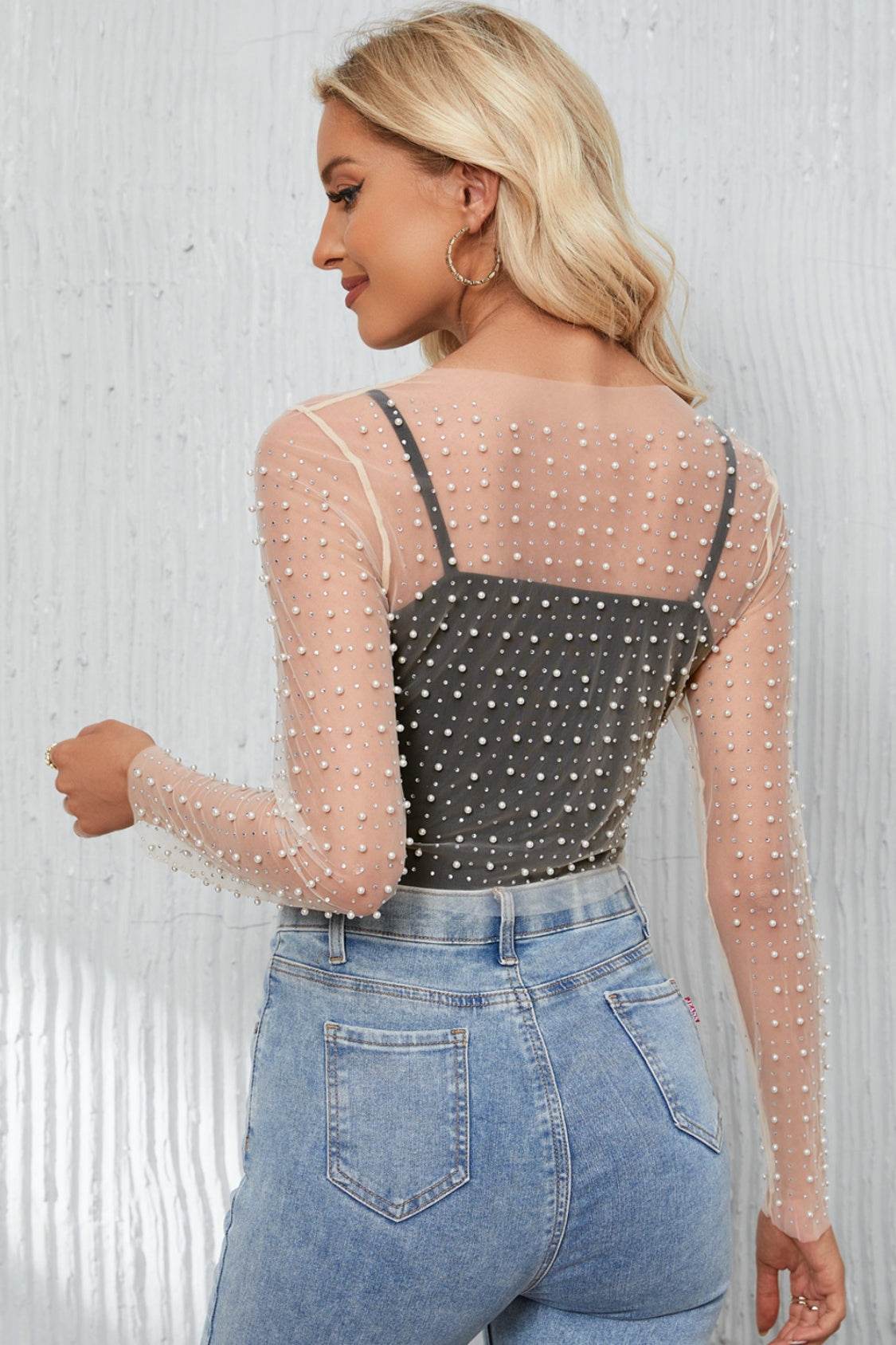 Pearl Long Sleeve Mesh Cropped Top for a perfect OOTD – dress to impress outfits from Amexza