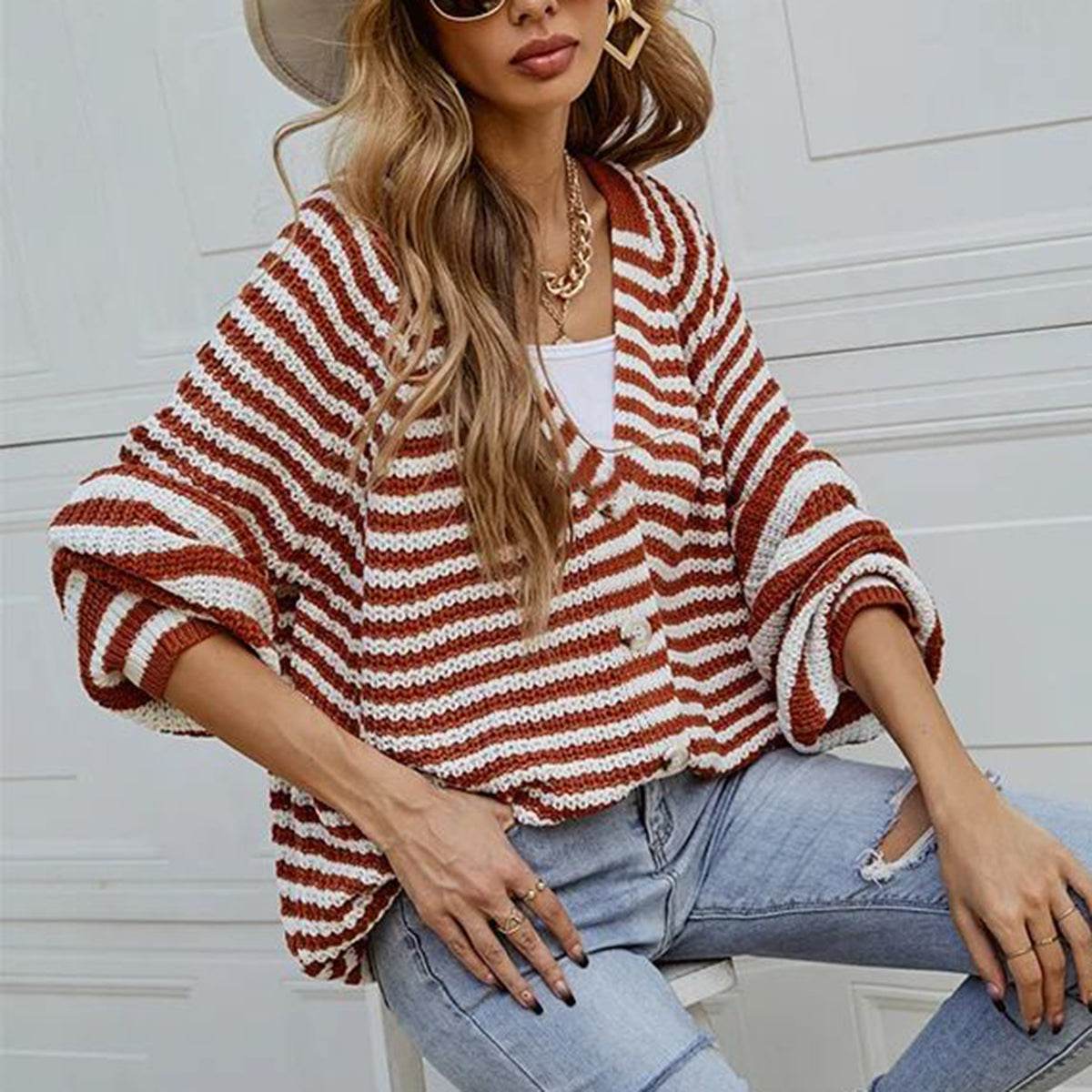 Striped Button Down Long Sleeve Cardigan - Amexza