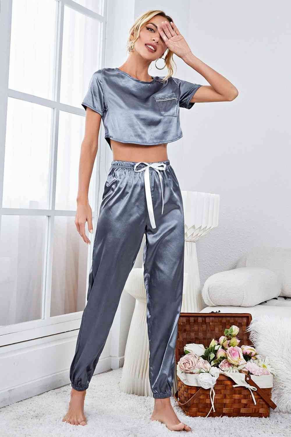 Satin Short Sleeve Crop Top and Joggers Lounge Set for a perfect OOTD – dress to impress outfits from Amexza