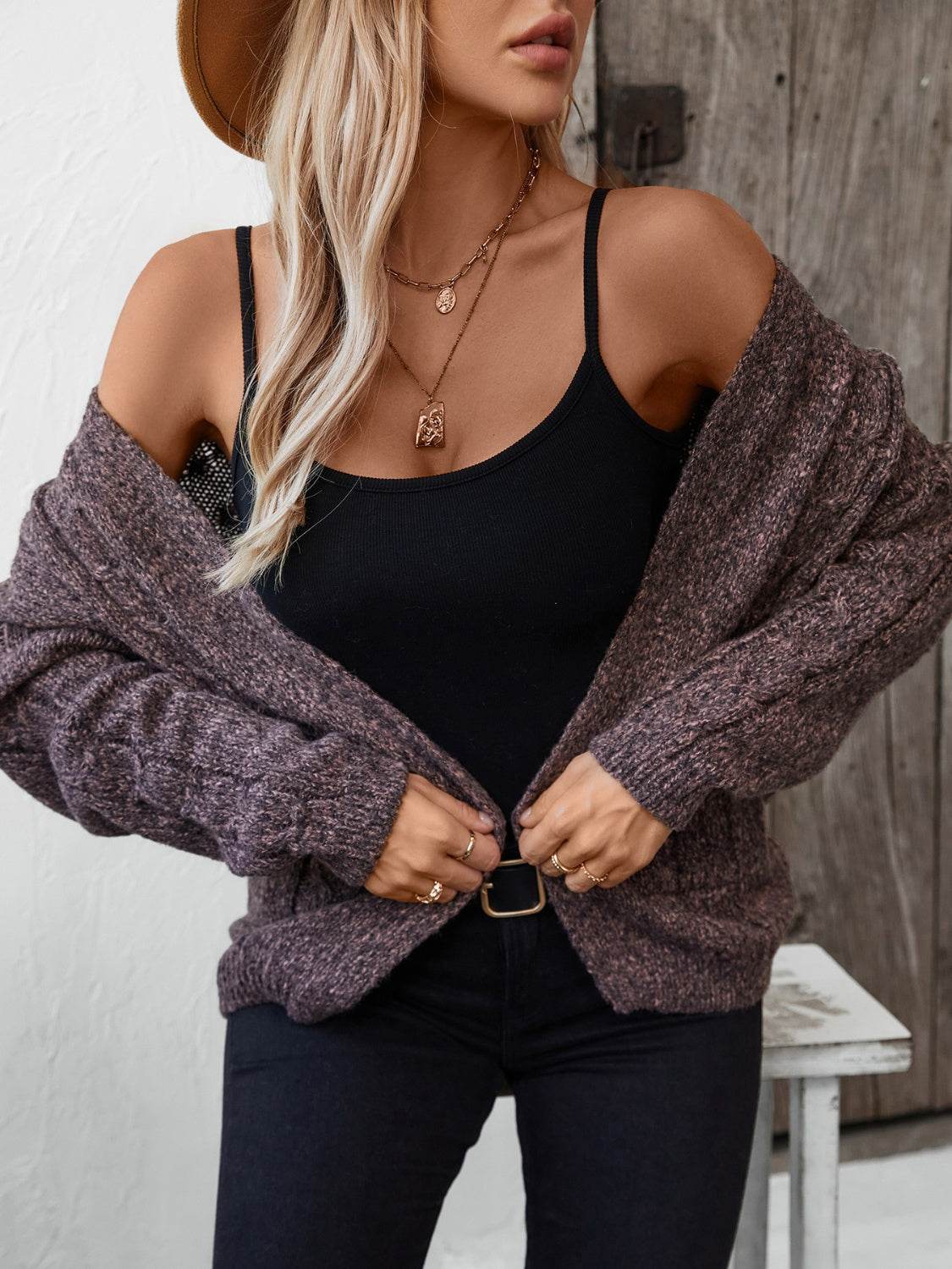 Cable-Knit Open Front Long Sleeve Cardigan for a perfect OOTD – dress to impress outfits from Amexza