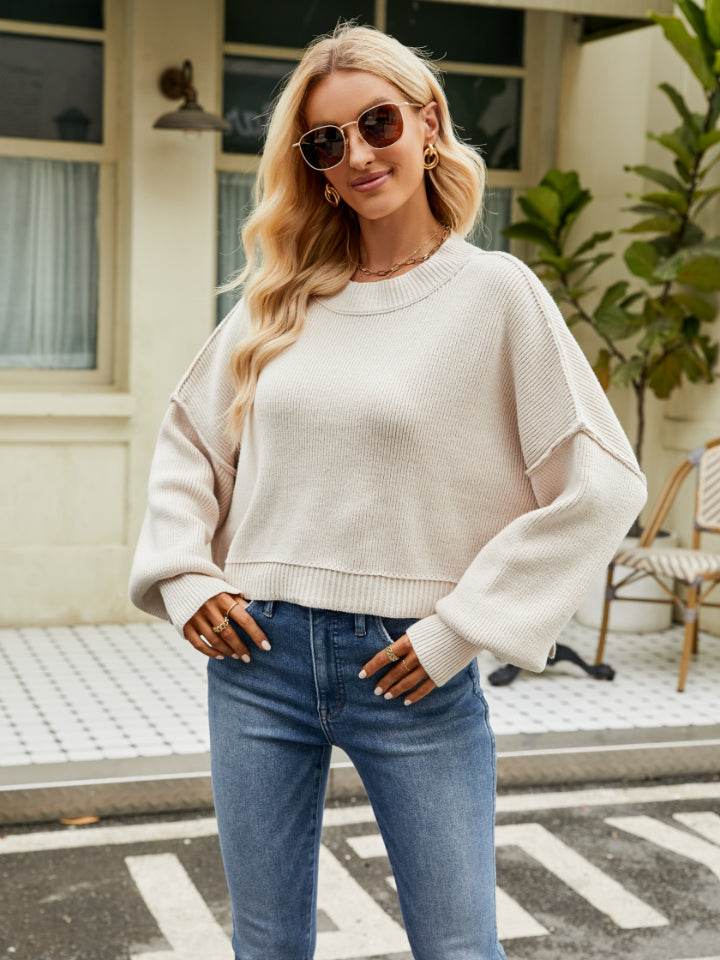 Round Neck Lantern Sleeve Sweater Cream for a perfect OOTD – dress to impress outfits from Amexza