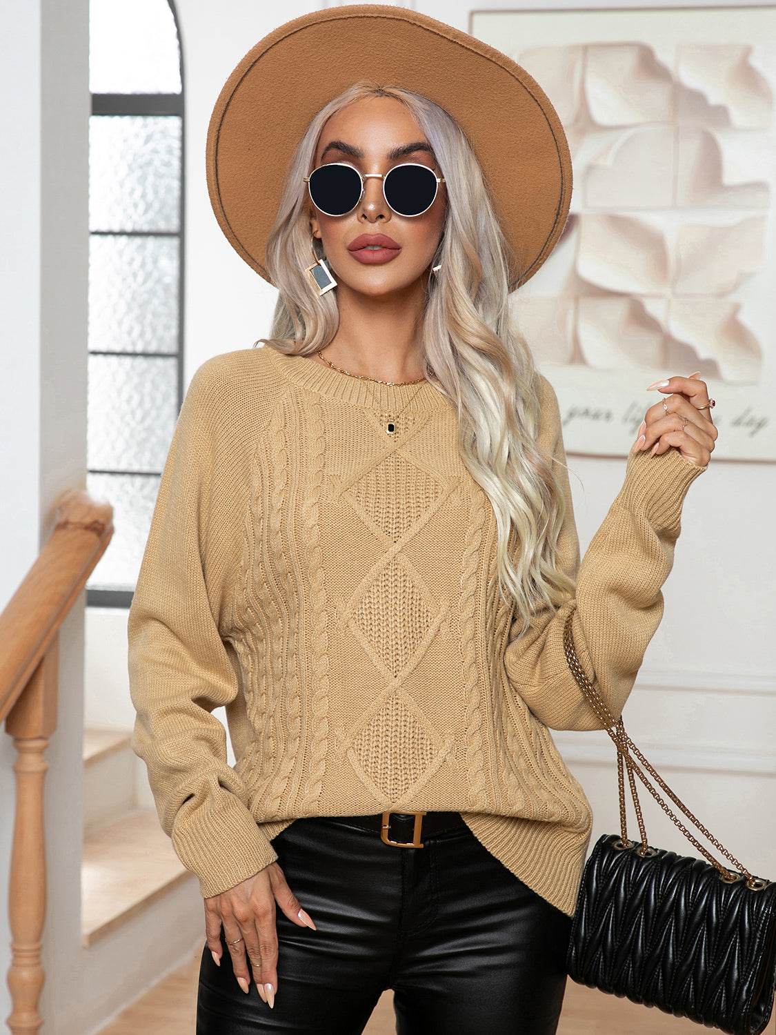 Cable-Knit Long Sleeve Sweater - Amexza