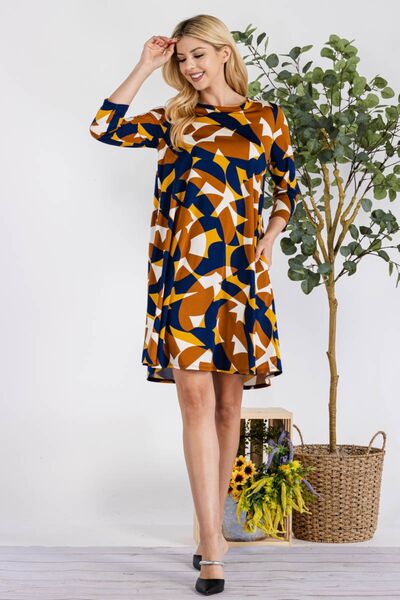 Celeste Full Size Geometric Round Neck Dress with Pockets Navy for a perfect OOTD – dress to impress outfits from Amexza