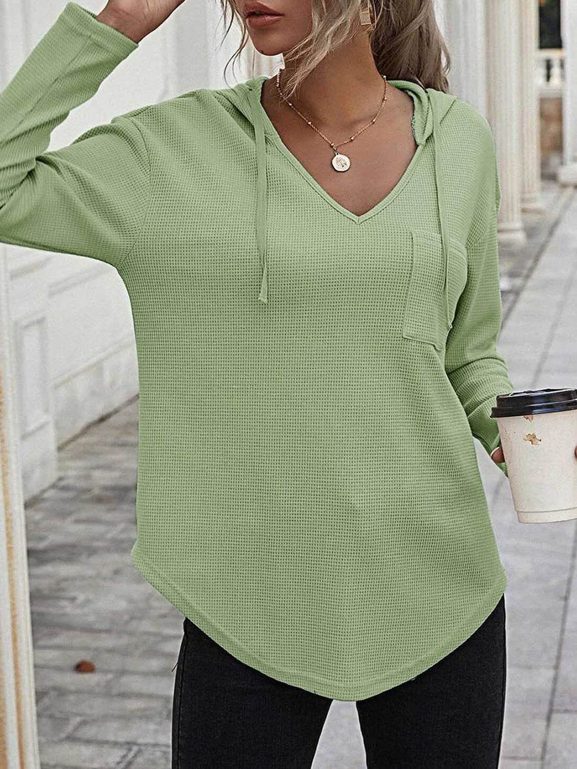 Drawstring Waffle Knit Long Sleeve Hooded Top Lime for a perfect OOTD – dress to impress outfits from Amexza