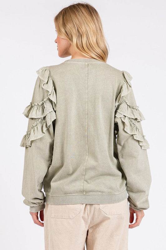 Mittoshop Ruffled Mineral Washed Round Neck Long Sleeve Sweatshirt - Amexza