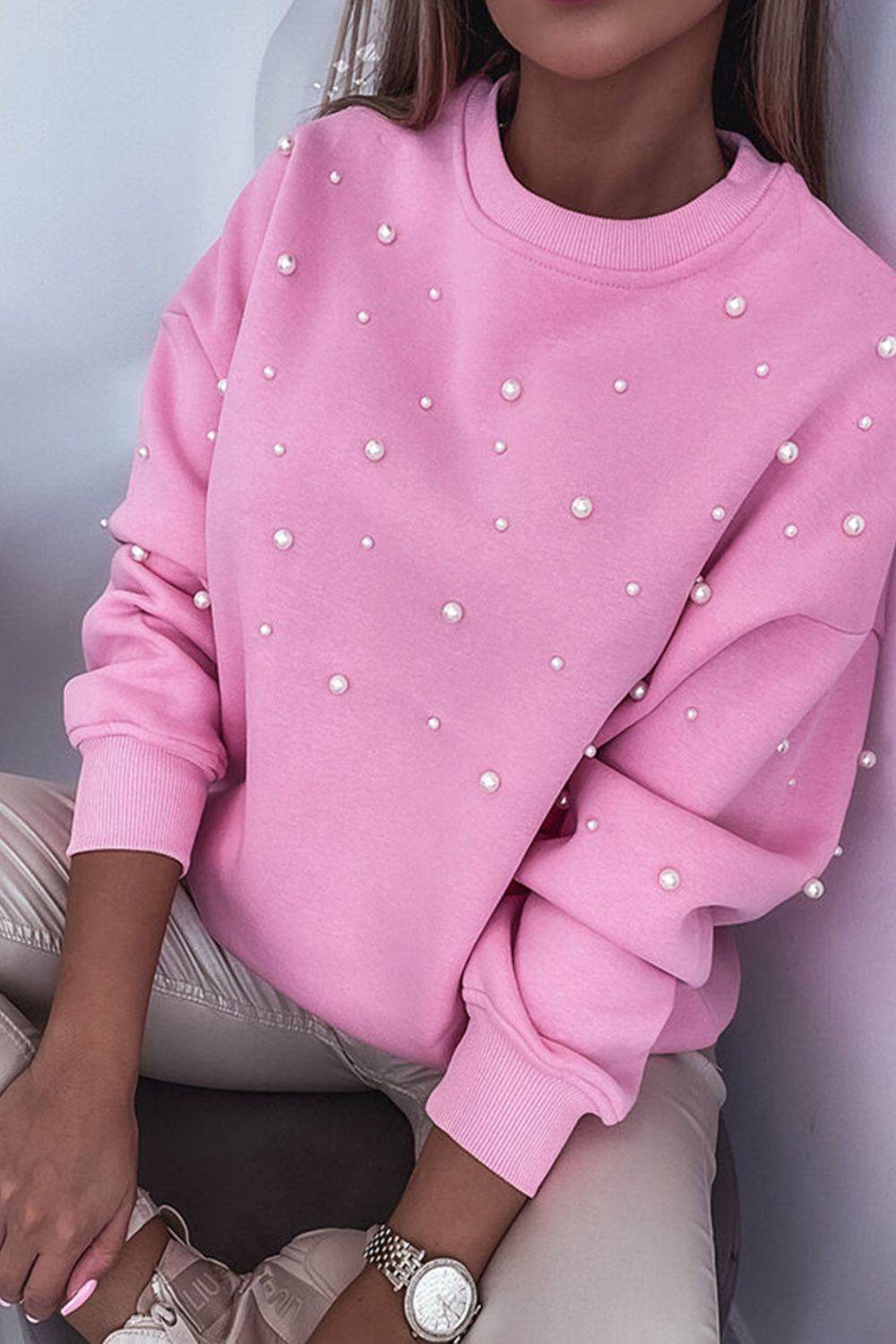 Pearl Detail Ribbed Round Neck Sweatshirt - Amexza