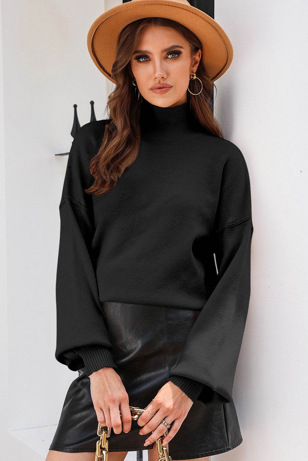 Turtleneck Lantern Sleeve Sweater Black for a perfect OOTD – dress to impress outfits from Amexza