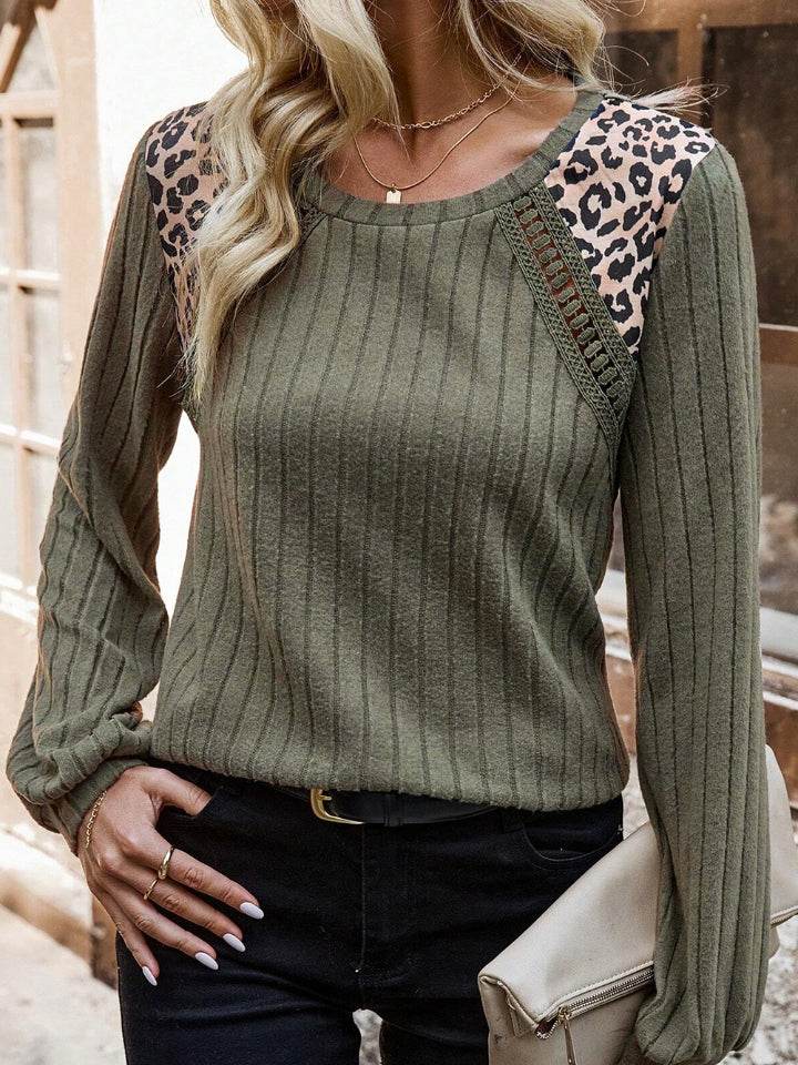 Leopard Round Neck Long Sleeve T-Shirt Army Green for a perfect OOTD – dress to impress outfits from Amexza