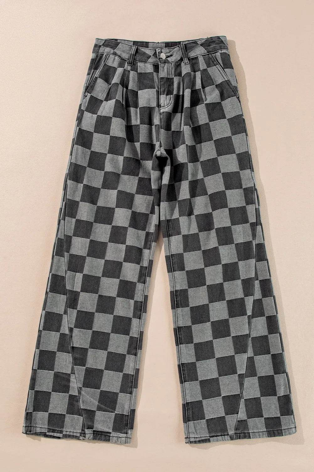 Checkered Wide Leg Jeans with Pockets - Amexza