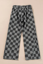 Checkered Wide Leg Jeans with Pockets - Amexza