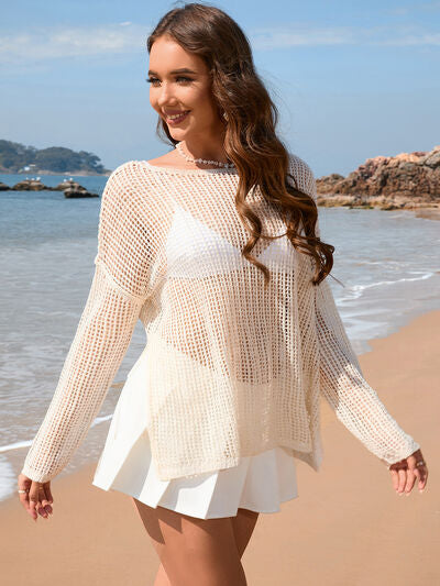 Openwork Slit Boat Neck Long Sleeve Cover-Up for a perfect OOTD – dress to impress outfits from Amexza