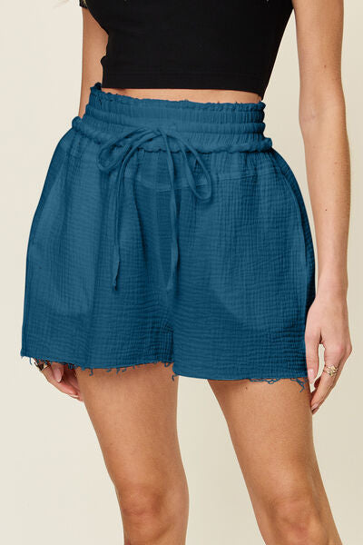 Double Take Full Size Texture Raw Trim Drawstring Shorts for a perfect OOTD – dress to impress outfits from Amexza