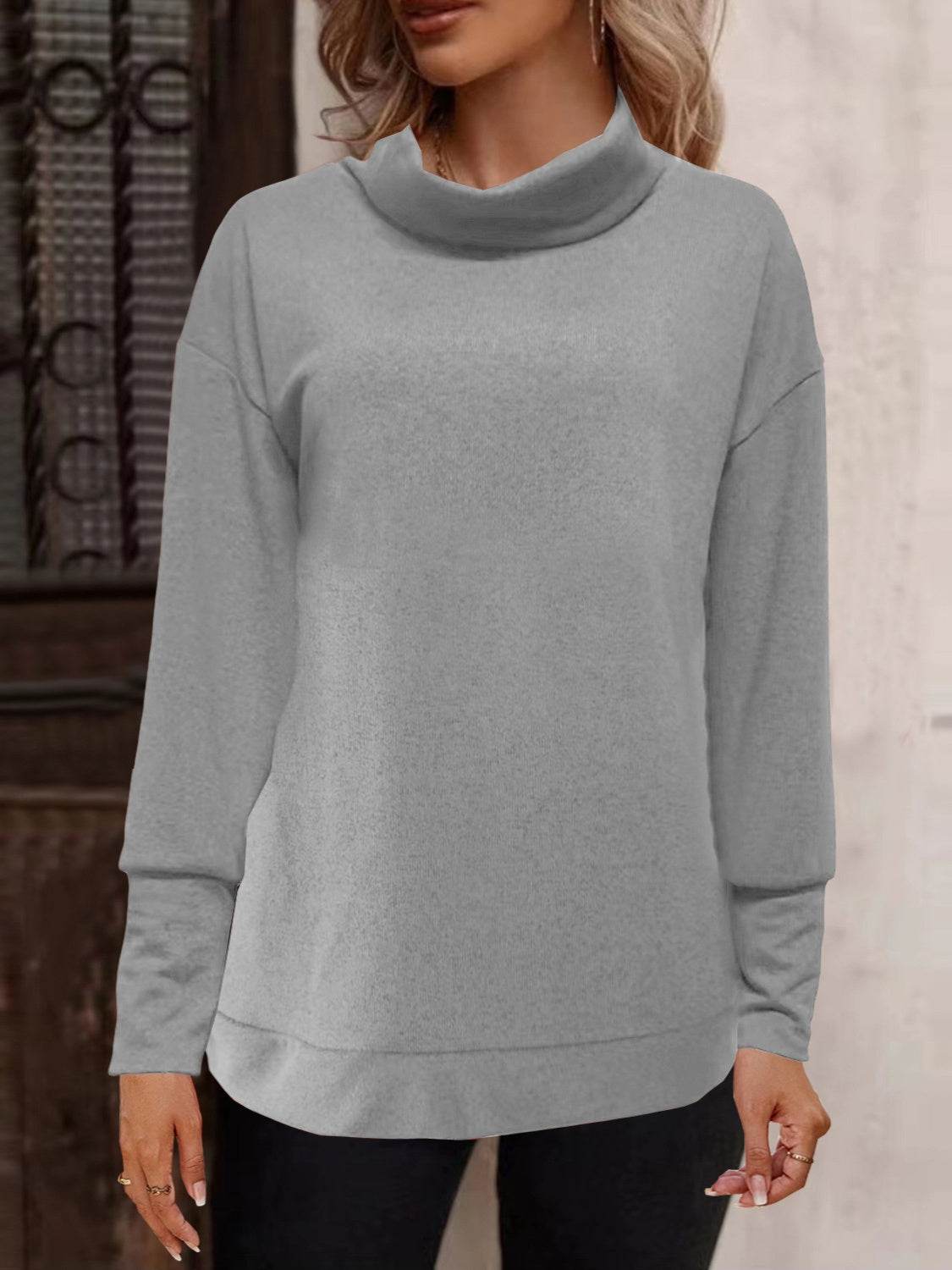 Full Size Mock Neck Long Sleeve T-Shirt Gray for a perfect OOTD – dress to impress outfits from Amexza