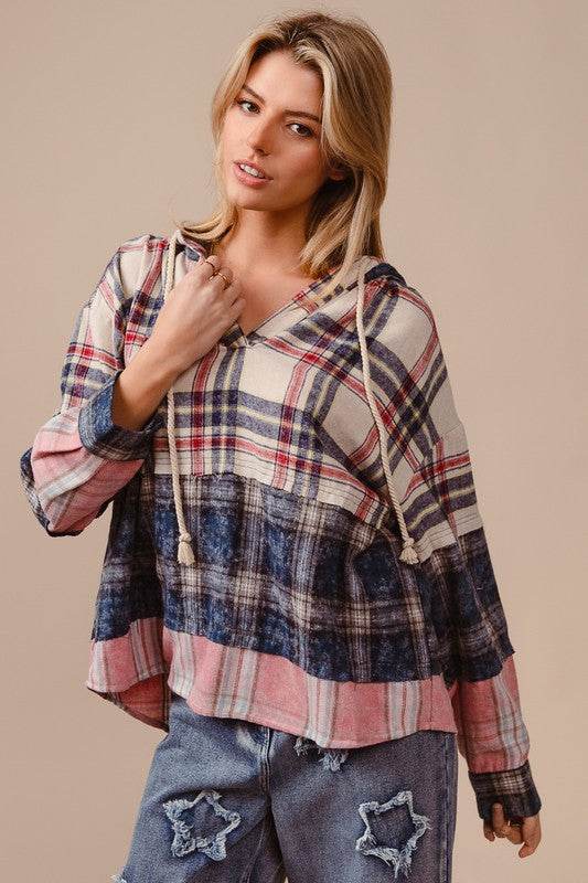 BiBi Drawstring Plaid Drop Shoulder Hoodie - Amexza