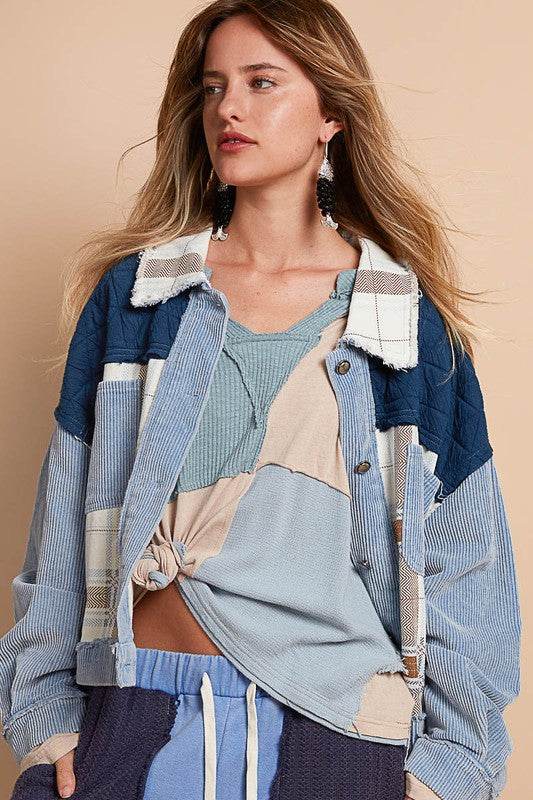 POL Corduroy Jacquard Patchwork Button Up Jacket Light Blue for a perfect OOTD – dress to impress outfits from Amexza