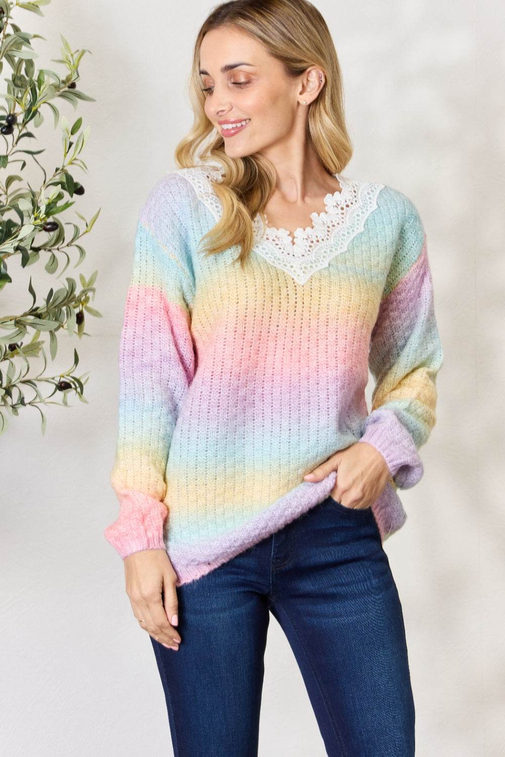 BiBi Rainbow Gradient Crochet Deetail Sweater for a perfect OOTD – dress to impress outfits from Amexza