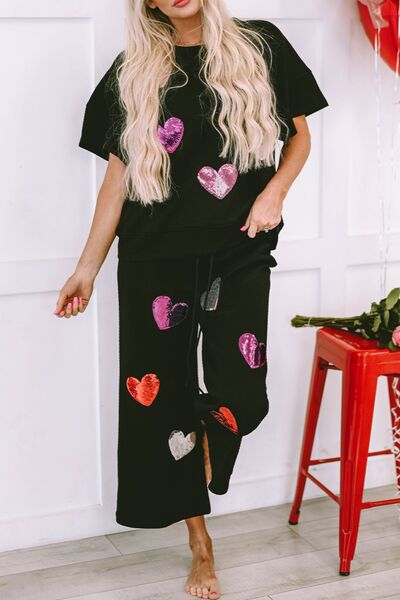 Heart Sequin Short Sleeve Top and Drawstring Pants Lounge Set for a perfect OOTD – dress to impress outfits from Amexza