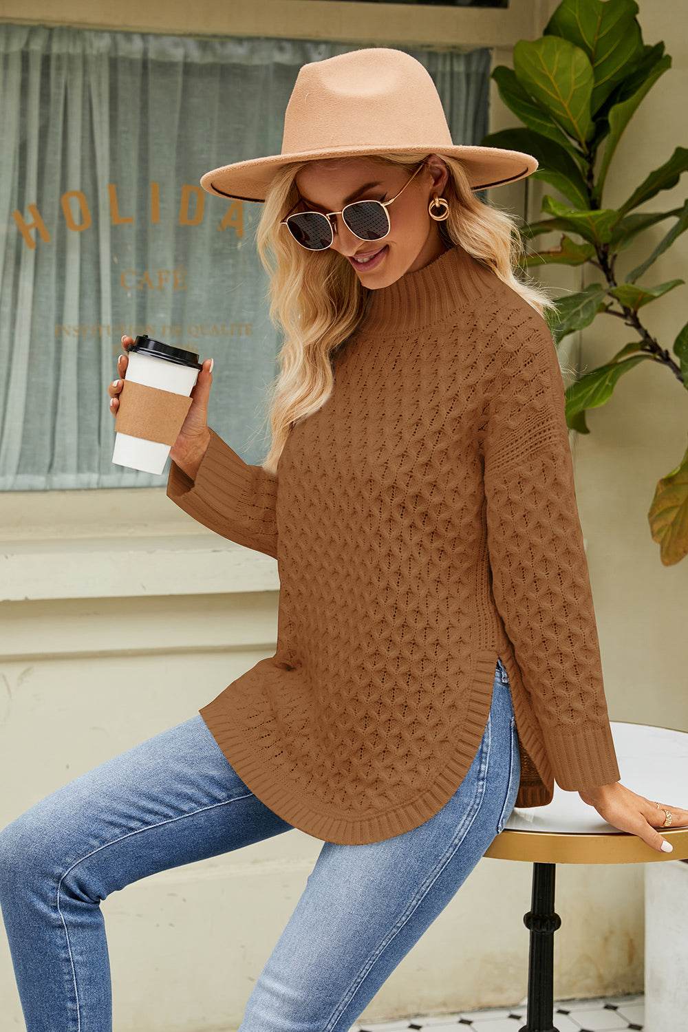 Slit Long Sleeve Mock Neck Sweater for a perfect OOTD – dress to impress outfits from Amexza