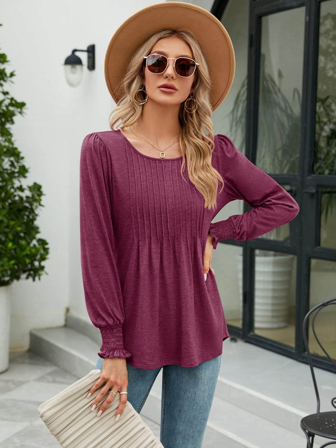 Smocked Round Neck Lantern Sleeve Blouse - Amexza