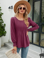 Smocked Round Neck Lantern Sleeve Blouse - Amexza