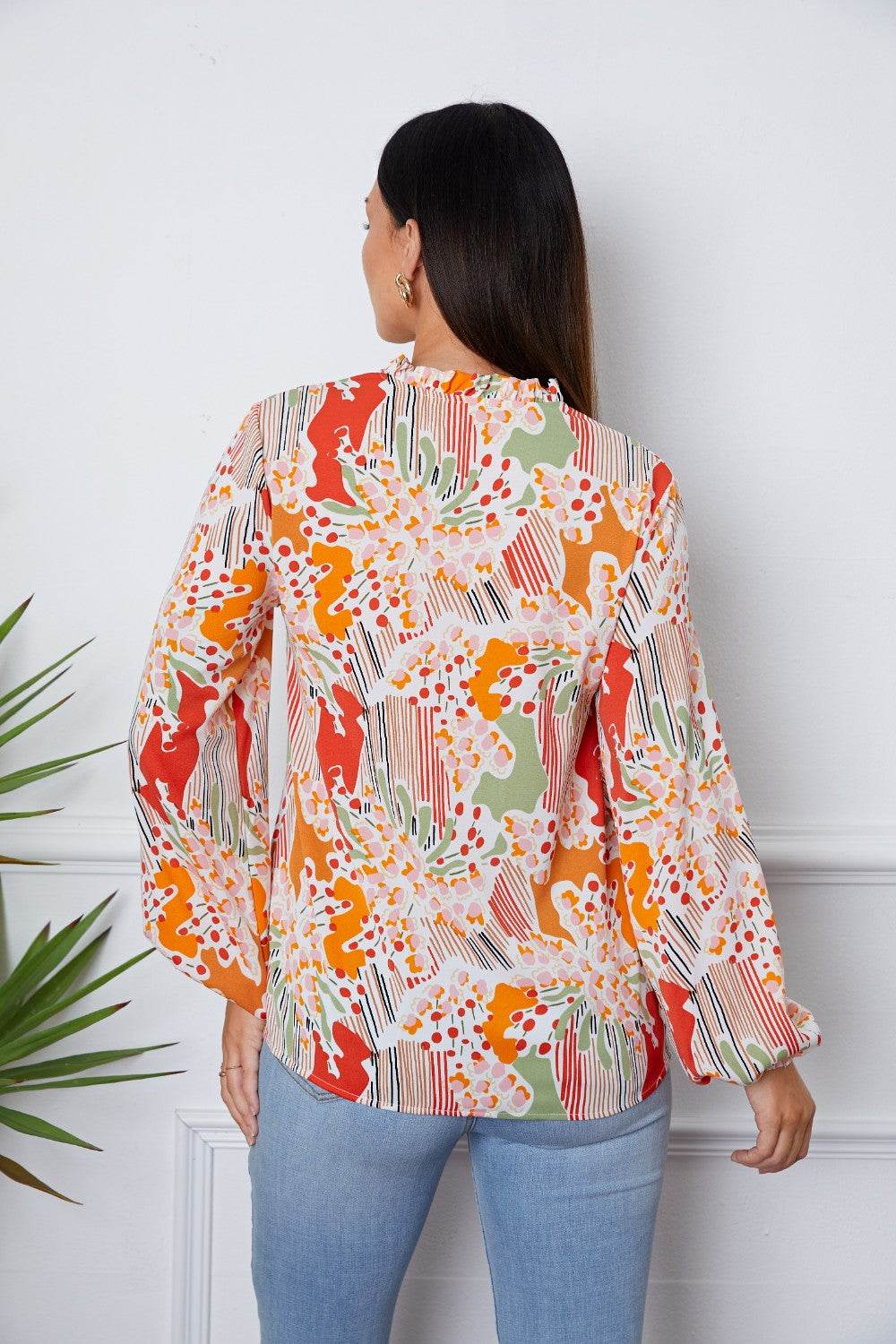 Floral Frill Notched Long Sleeve Blouse for a perfect OOTD – dress to impress outfits from Amexza