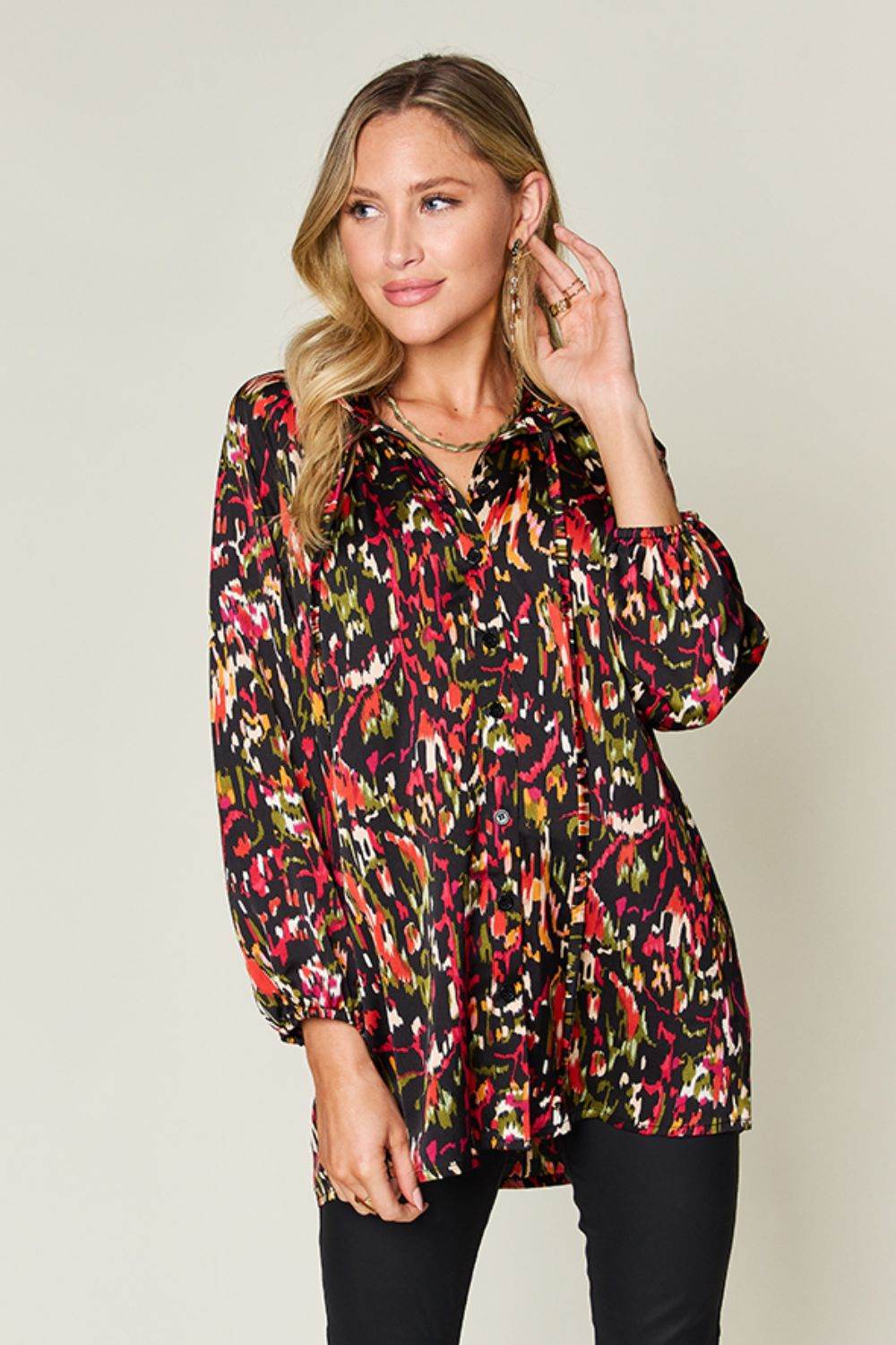 Double Take Full Size Printed Button Up Long Sleeve Shirt for a perfect OOTD – dress to impress outfits from Amexza