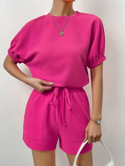 Waffle-Knit Round Neck T-Shirt and Pocketed Shorts Lounge Set Hot Pink for a perfect OOTD – dress to impress outfits from Amexza