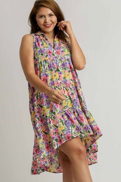 Umgee Full Size High-Low Hem Floral Sleeveless Tiered Dress Plus Size for a perfect OOTD – dress to impress outfits from Amexza