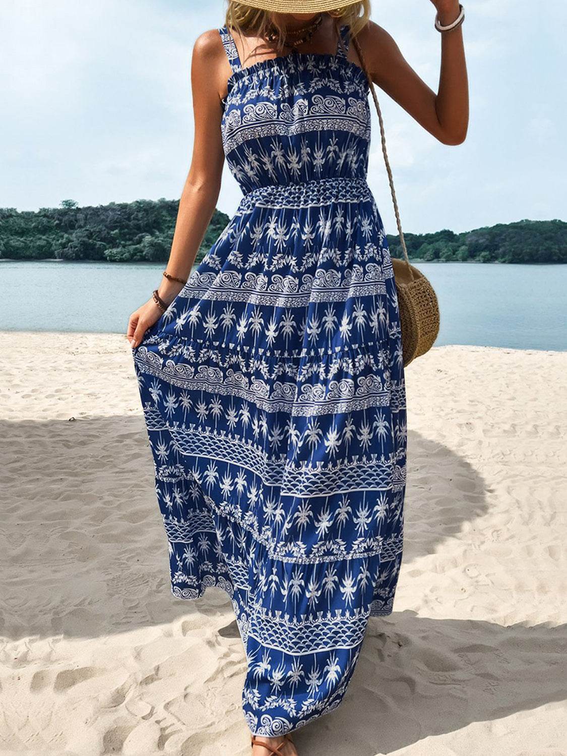Perfee Printed Square Neck Sleeveless Maxi Dress - Amexza