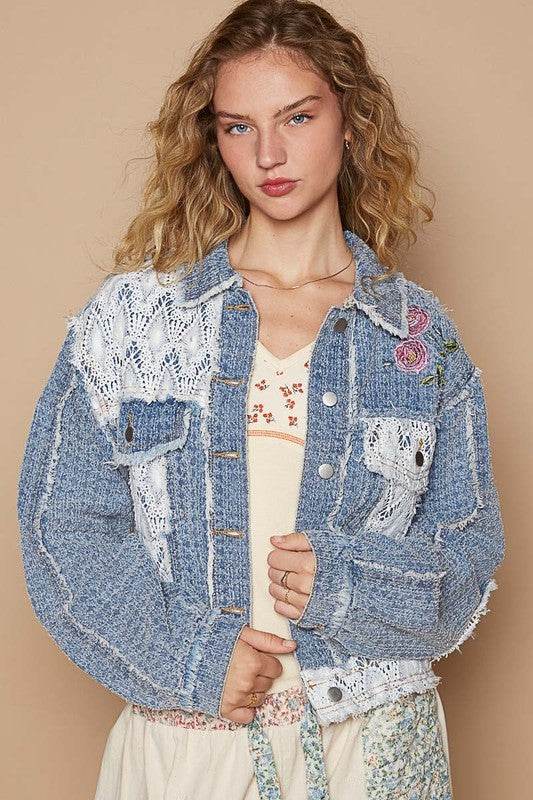 POL Crochet Patch Embroidered Button Up Jacket Dusty Blue for a perfect OOTD – dress to impress outfits from Amexza