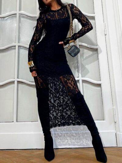 Lace Round Neck Long Sleeve Midi Dress for a perfect OOTD – dress to impress outfits from Amexza