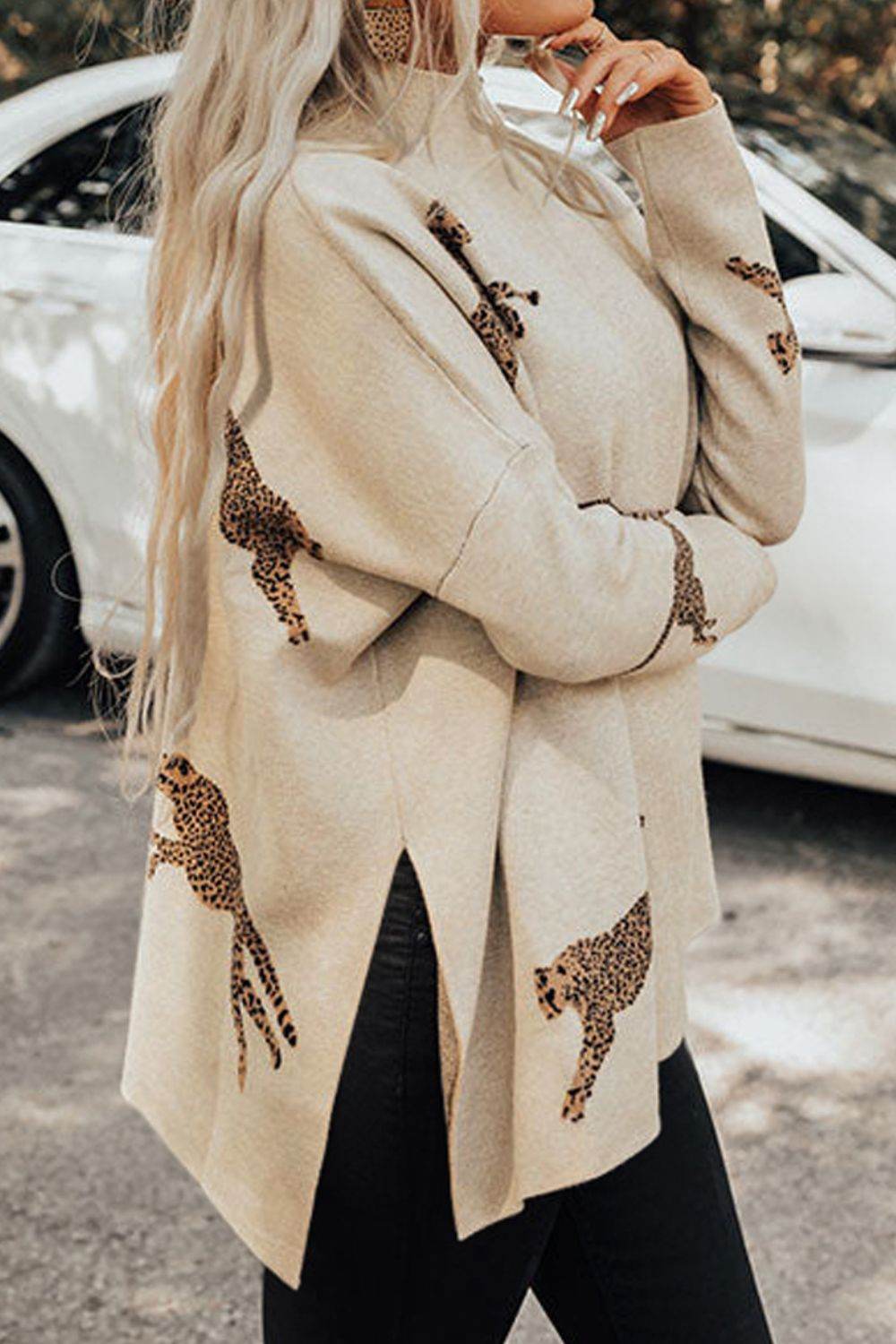 Animal Pattern Mock Neck Long Sleeve Slit Sweater for a perfect OOTD – dress to impress outfits from Amexza