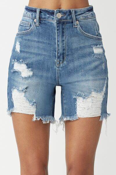 RISEN High Waisted Distressed Denim Shorts - Amexza