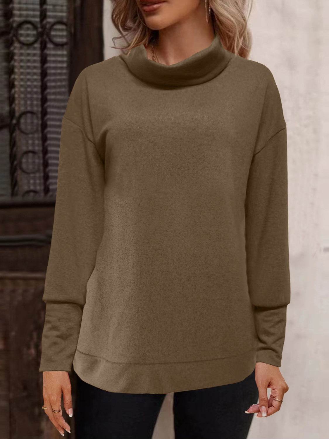 Full Size Mock Neck Long Sleeve T-Shirt Olive Brown for a perfect OOTD – dress to impress outfits from Amexza