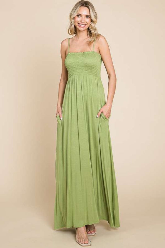 Culture Code Full Size Smocked Cami Maxi Dress with Pockets - Happy Olive / S