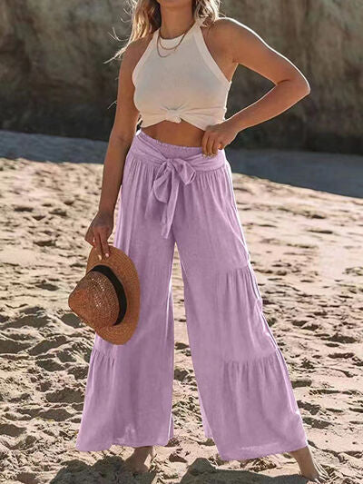 Tied Ruched Wide Leg Pants Pink Purple for a perfect OOTD – dress to impress outfits from Amexza