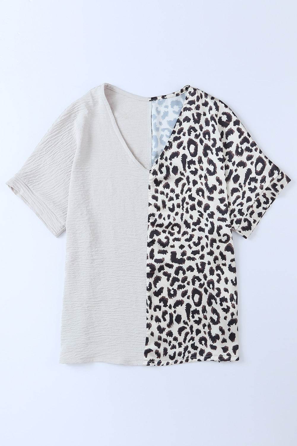 Leopard Color Block V-Neck Blouse - Amexza