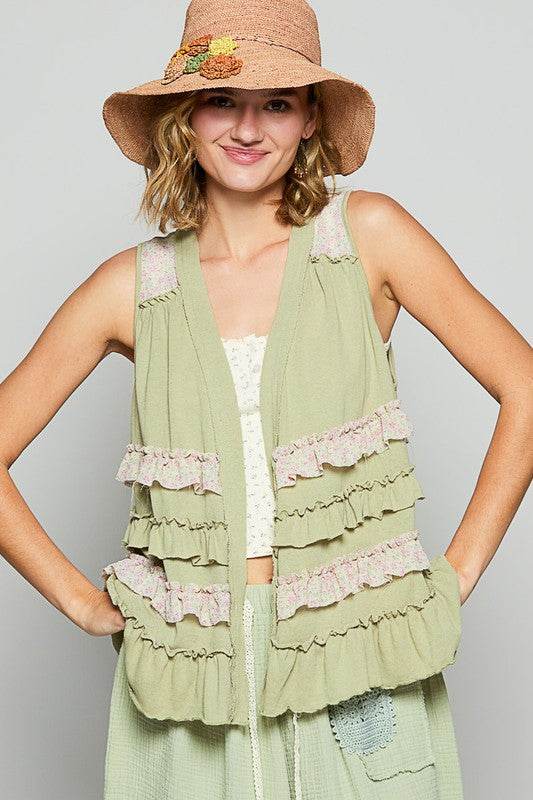 POL Ruffled Open Front Sleeveless Cardigan Sage Multicolor for a perfect OOTD – dress to impress outfits from Amexza