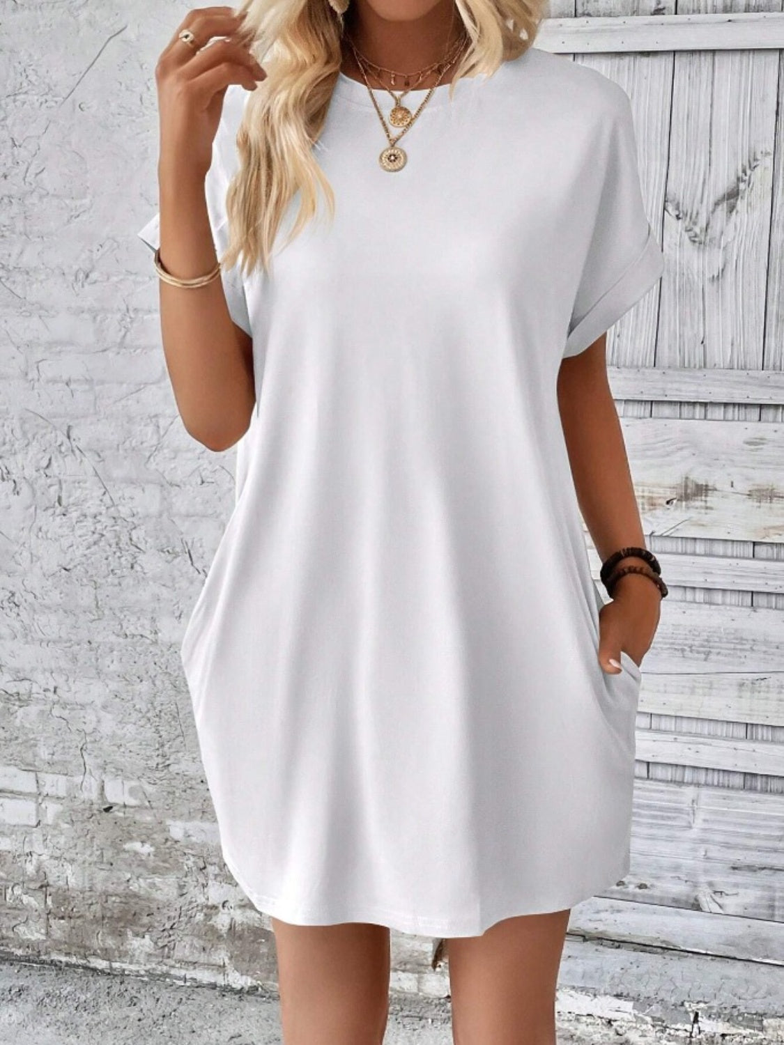 Pocketed Round Neck Short Sleeve Dress - White / S