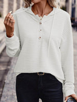 Drawstring Quarter Button Long Sleeve Hoodie White for a perfect OOTD – dress to impress outfits from Amexza