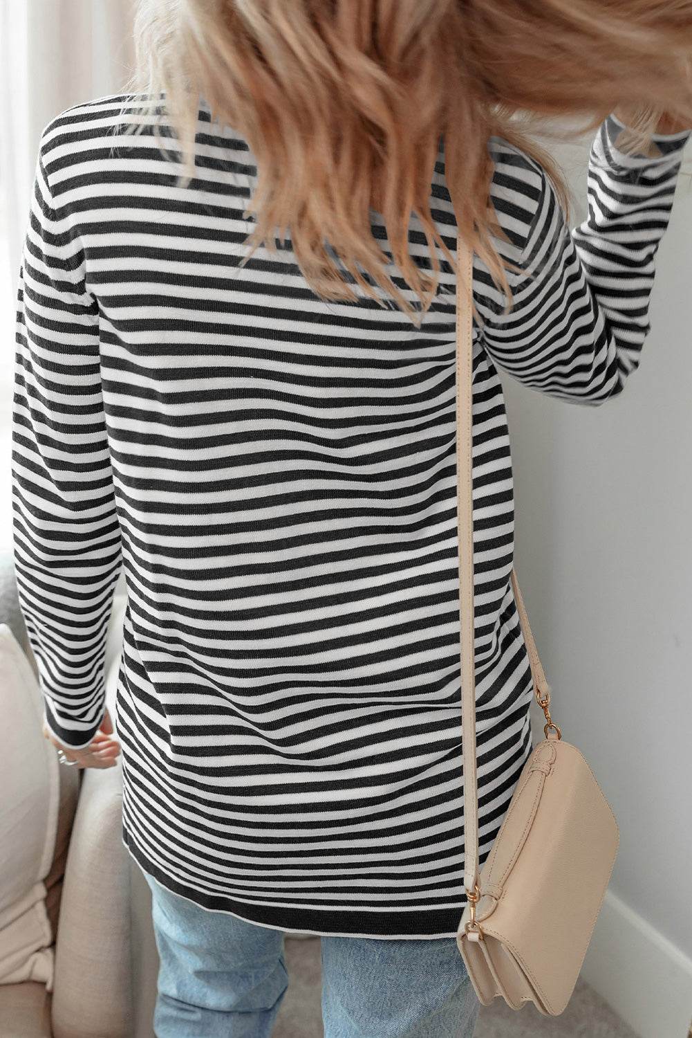 Striped Open Front Long Sleeve Cardigan - Amexza