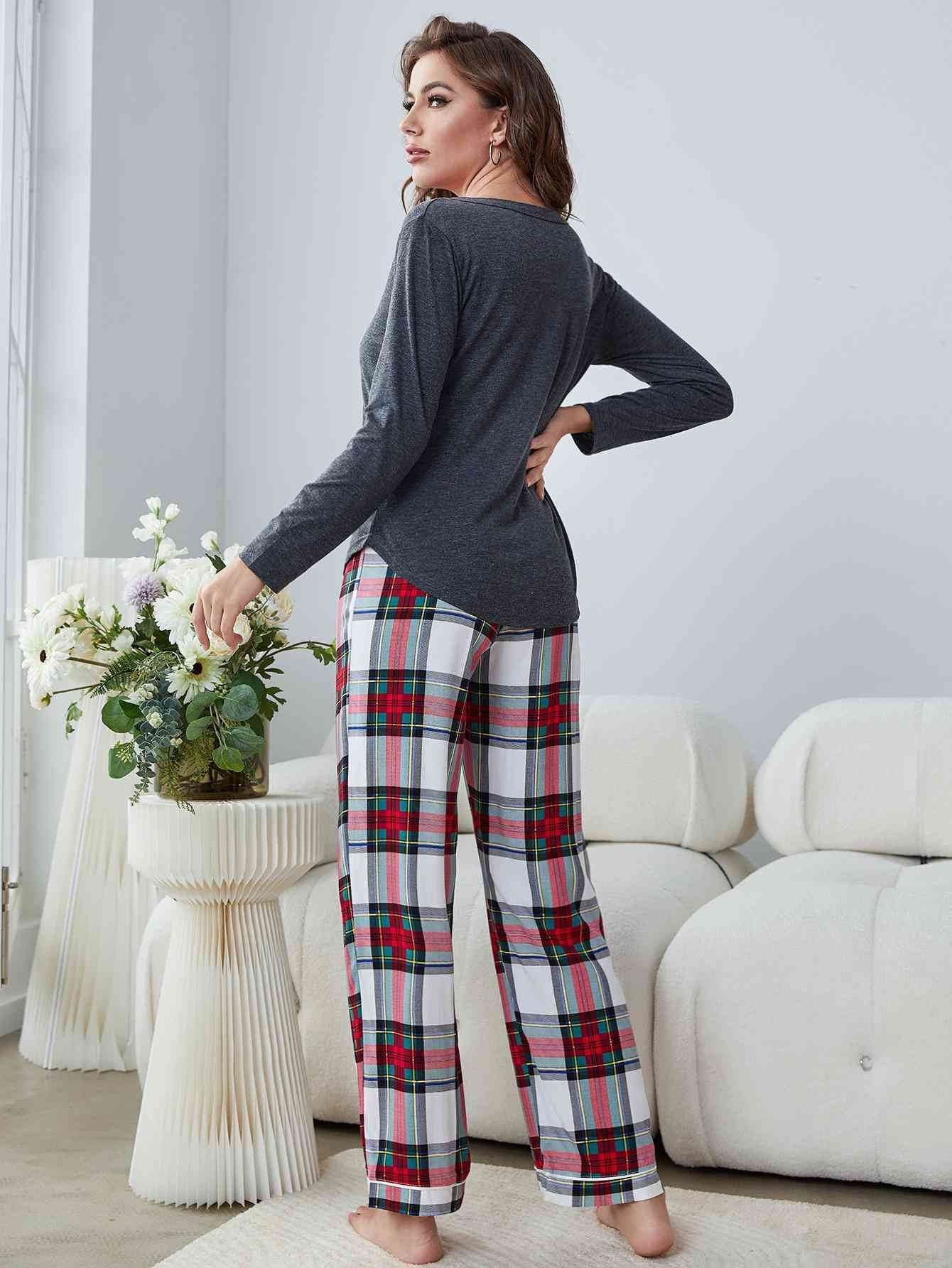 Buttoned Long Sleeve Top and Plaid Pants Lounge Set for a perfect OOTD – dress to impress outfits from Amexza