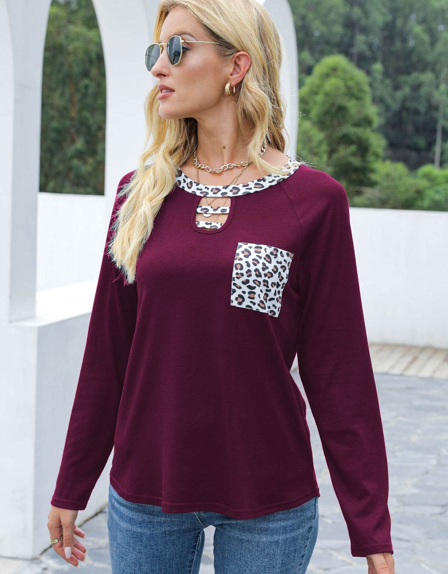 Cutout Leopard Round Neck Long Sleeve T-Shirt for a perfect OOTD – dress to impress outfits from Amexza