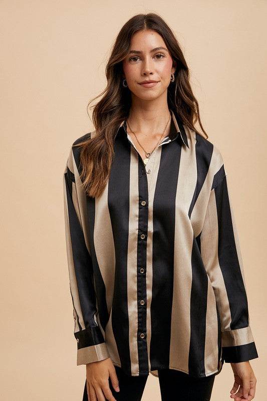 Annie Wear Striped Dropped Shoulder Button Up Shirt - Amexza