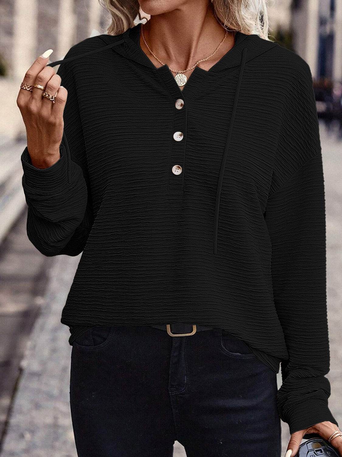 Drawstring Quarter Button Long Sleeve Hoodie Black for a perfect OOTD – dress to impress outfits from Amexza