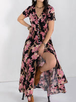 Floral V-Neck Slit Dress - Amexza